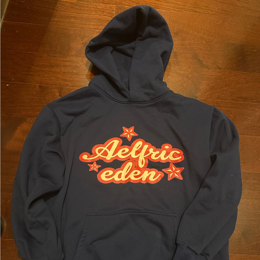 Aelfric Eden Dark Blue Hoodie with red and light pink lettering